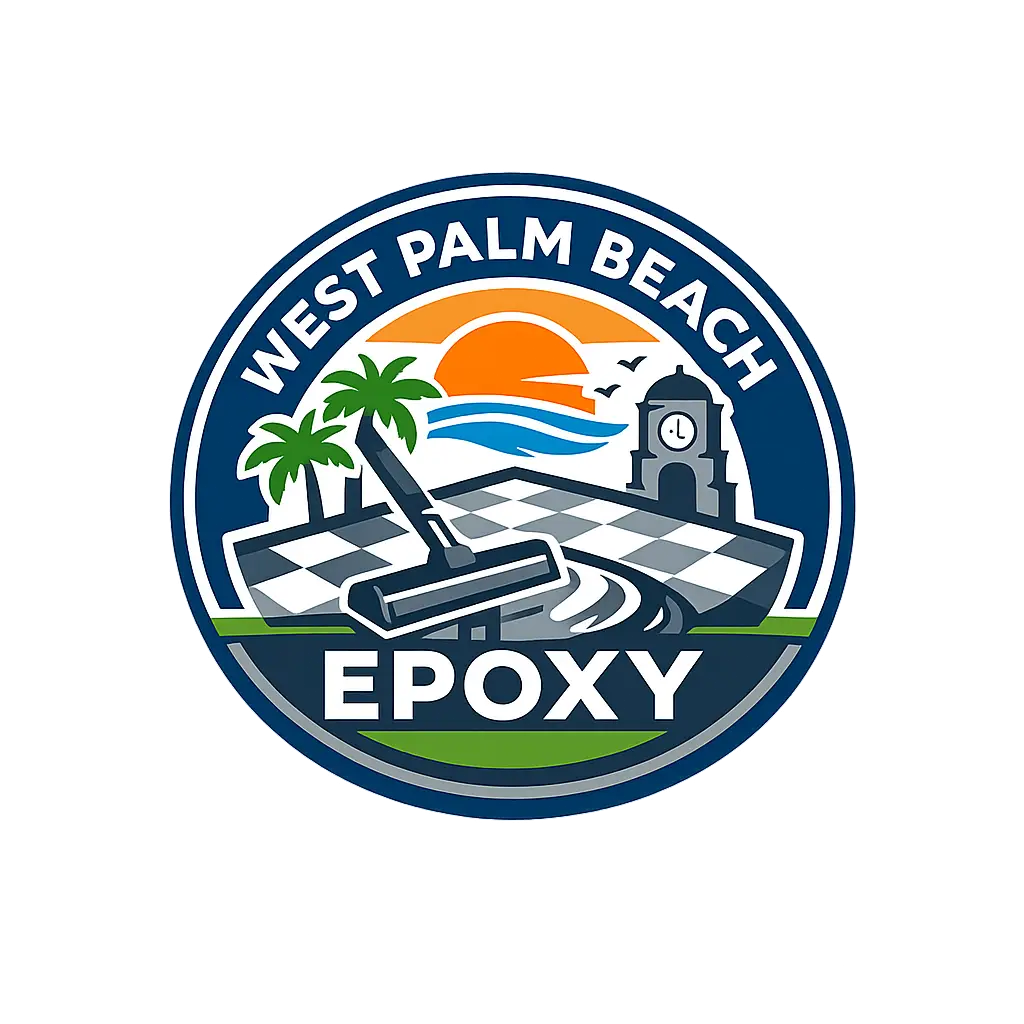 Epoxy flooring logo for West Palm Beach, FL featuring roller, palms, lighthouse.